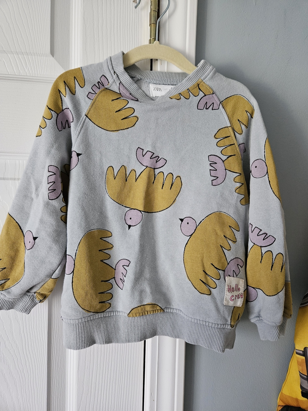 Zara Light Gray Sweatshirt with Yellow and Pink Bird Print